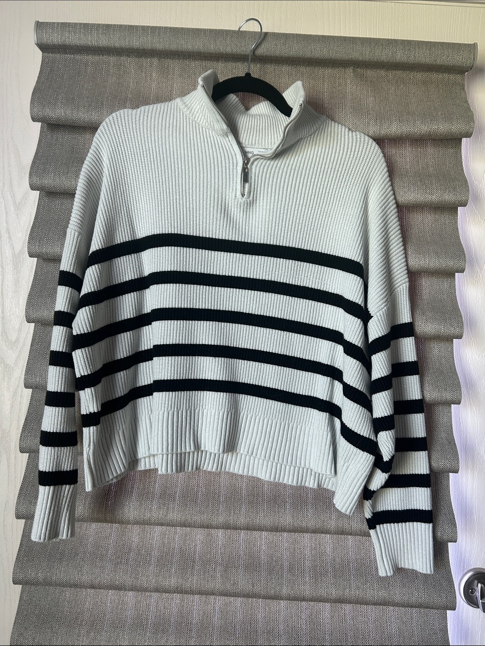 Mango White & Black Striped Half-Zip Ribbed Sweater